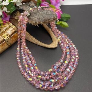 Pink AB crystal necklace 4 strands vintage C41